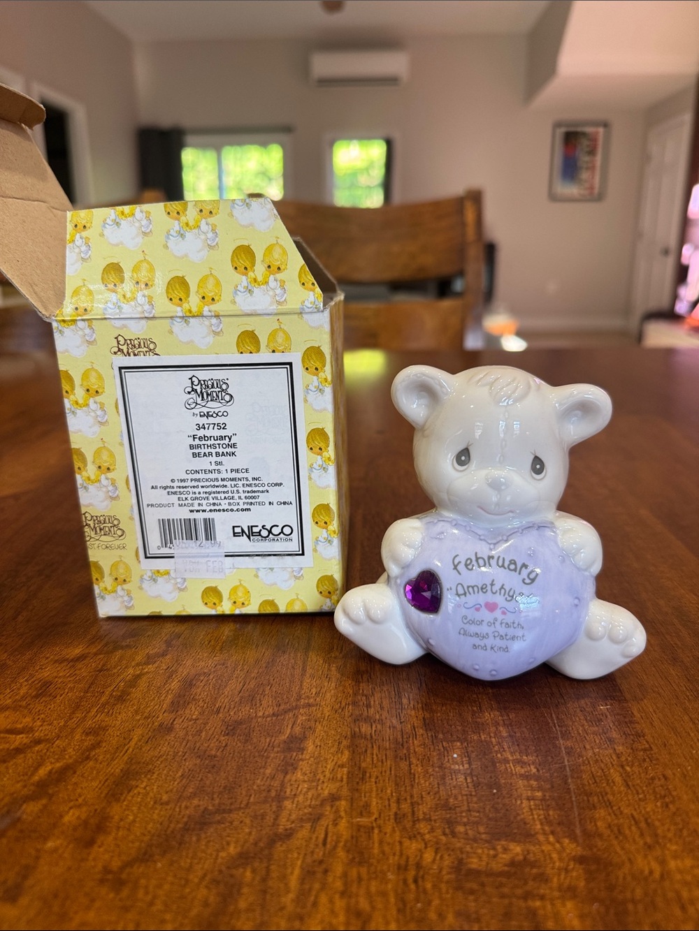 Vintage Precious Moments February Amethyst Birthstone Bear “Piggy” Bank w/ box